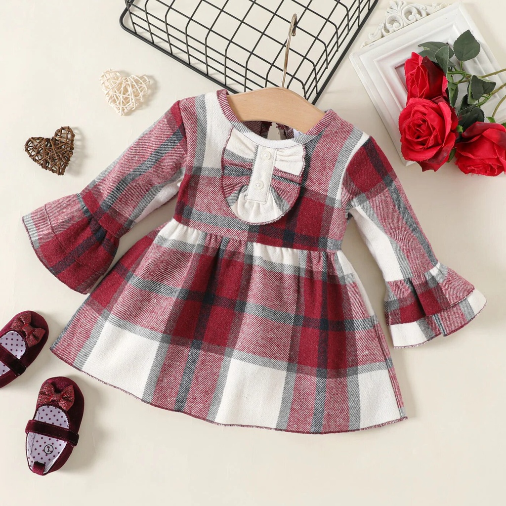 Baby Girl Red Plaid Flare-sleeve A-line Dress