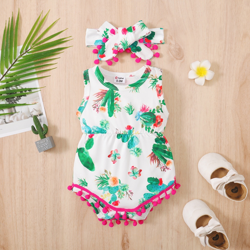 2pcs Baby Girl Cactus Print Pom Pom Decor Tank Bodysuit and Bow Headband Set