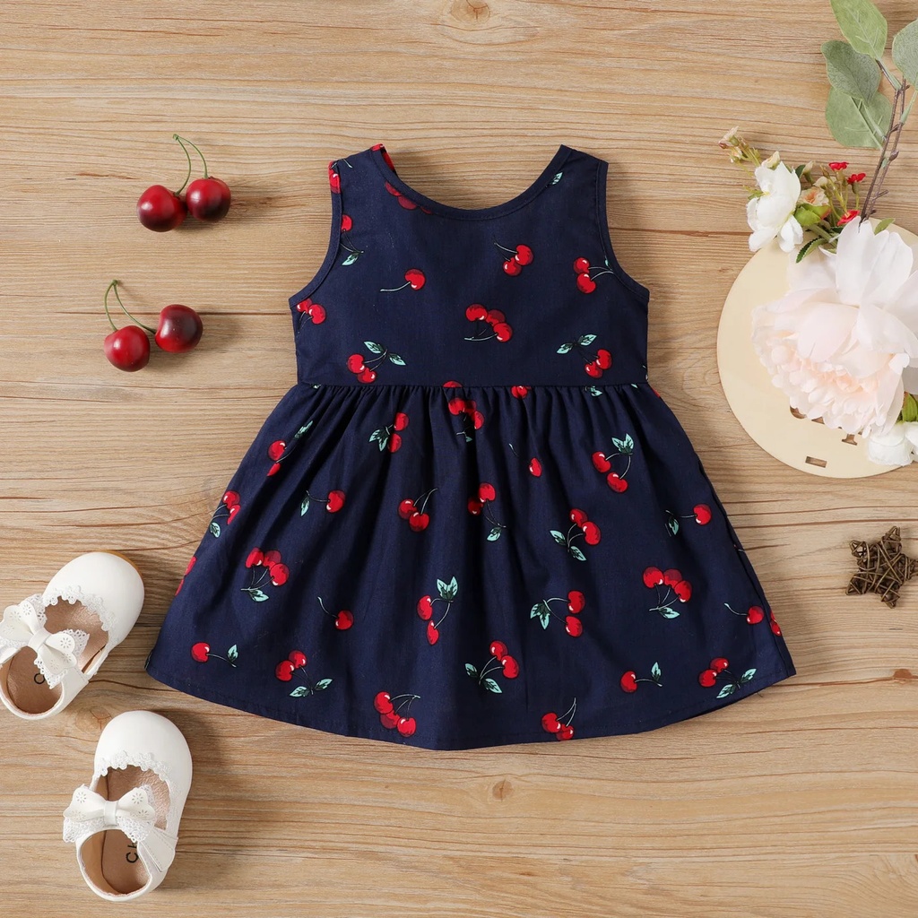 100% Cotton Cherry Print Backless Sleeveless Baby Dress