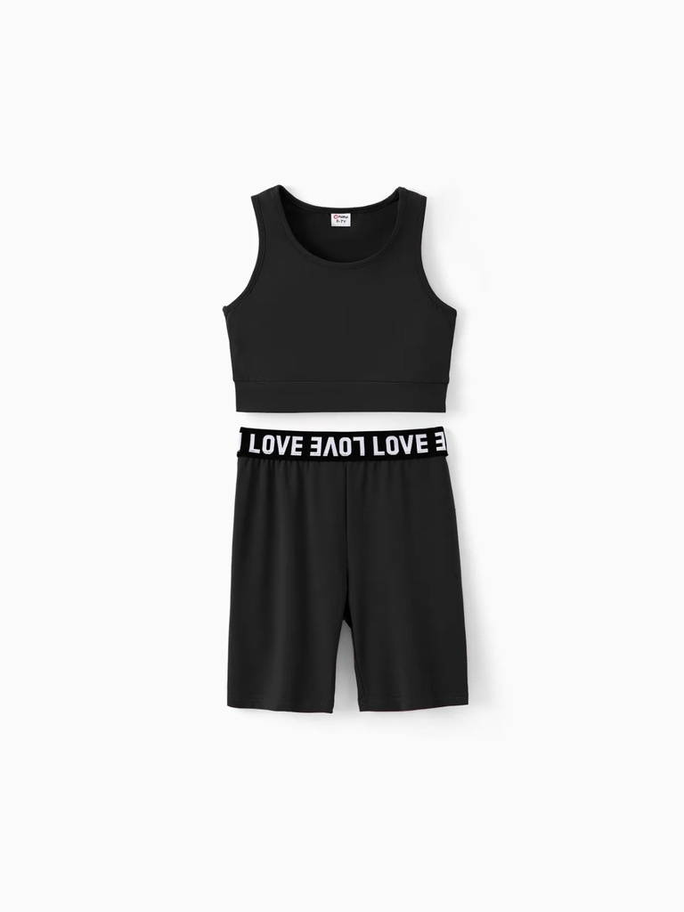 2pcs Kid Girl Solid Color Tank Top and Letter Print Shorts Sporty Set