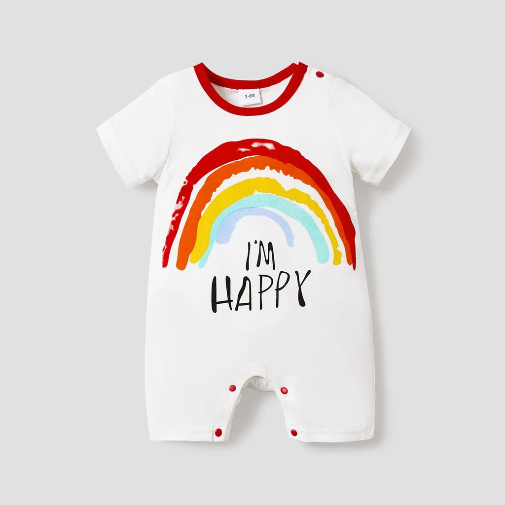 100% Cotton Letter and Rainbow Print Short-sleeve White Baby Romper