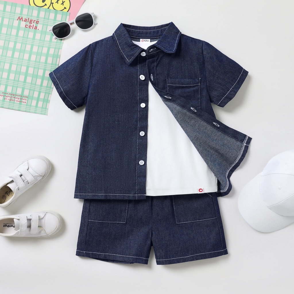  2pcs Kid Boy Casual Lapel Regular Denim Top and Pants Set 