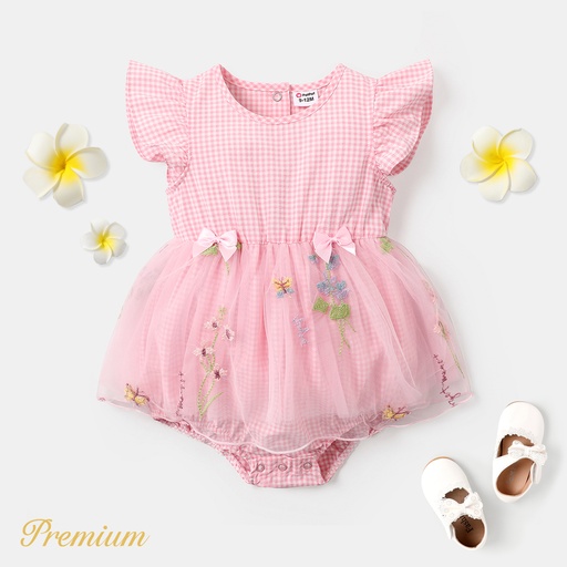 [SC9-20628730] Baby Girl Plaid Ruffle-sleeve Mesh Overlay Romper