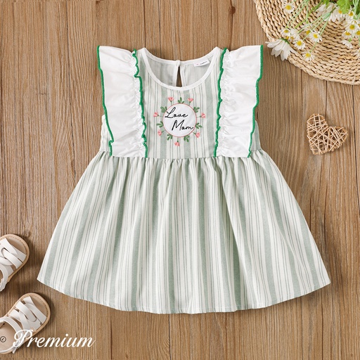 [SC9-20611784] Baby Girl Letter & Floral Embroidered Ruffled Striped Tank Dress