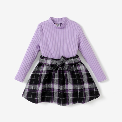 [SC9-20754204] 3pcs Toddler Girl Sweet Houndstooth Grid Stand Collar Skirt Set with Belt