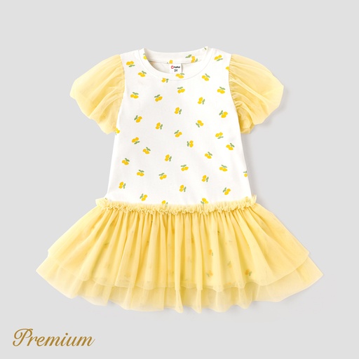 [SC9-20616794] Toddler Girl Cotton Allover Lemon Print Puff-sleeve Spliced Mesh Dress