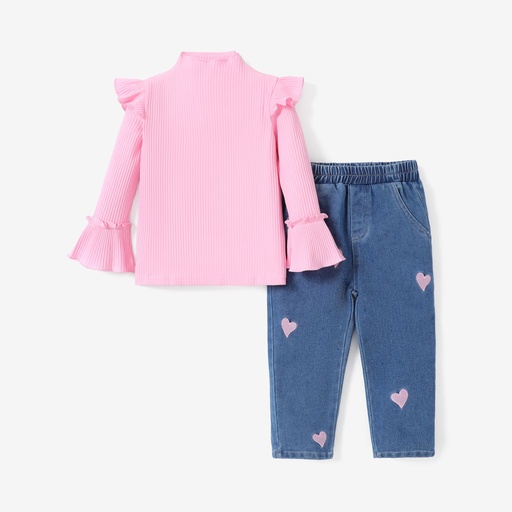 [SC9-20743571] 2pcs Toddler Girl Sweet Heart Cotton Flutter Sleeve Tee and Jean Set