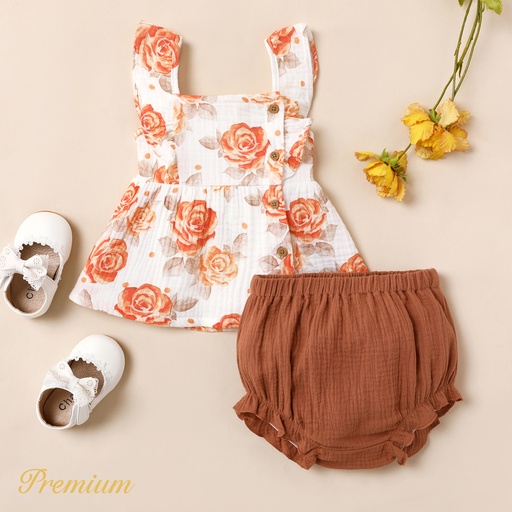 [SC9-20606196] 2pcs Baby Girl 100% Cotton Floral Print Button Up Cami Top and Solid Shorts Set