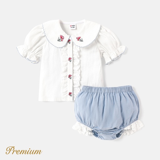 [SC9-20610648] 2pcs Baby Girl 100% Cotton Floral Embroidered Peter Pan Collar Puff-sleeve Top and Ruffled Shorts Set