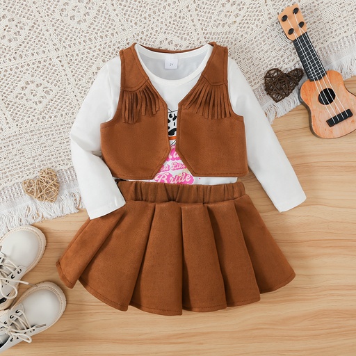 [SC9-20747666] 4pc Toddler Girl's Tassel Letter Suit Cowboy Dress Set with Belt and Vest