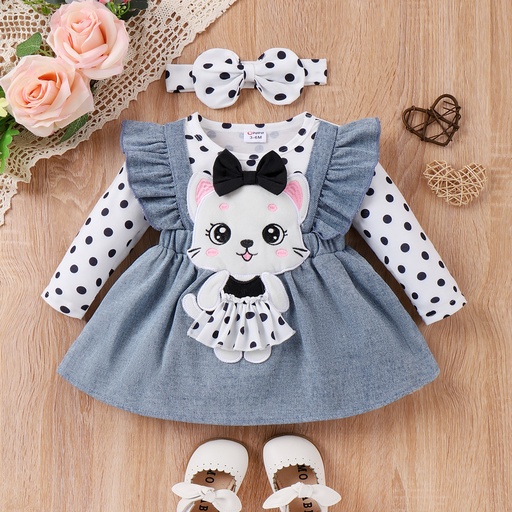 [SC9-20770082] 3pcs Baby Girl Childlike Spots Tshirt and 3D Cat Denim Dress Set with Headband