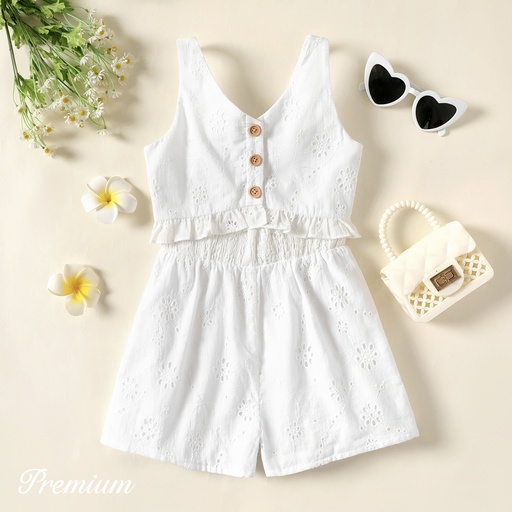 [SC9-20626918] Kid Girl 100% Cotton Eyelet Embroidered Textured Sleeveless Romper Shorts