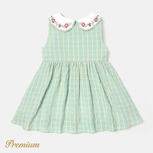 [SC9-20609158] Baby Girl Floral Embroidered Contrast Collar Gingham Tank Dress