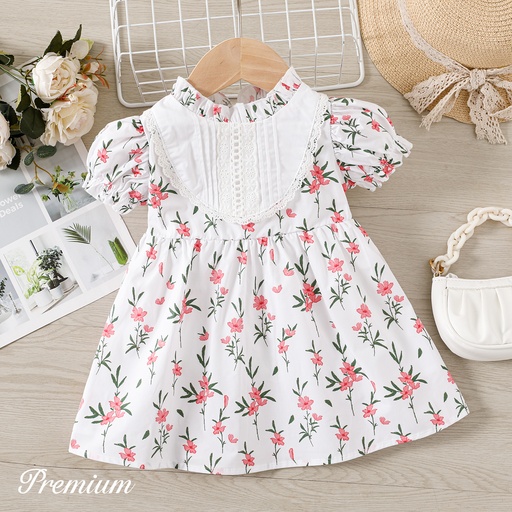 [SC9-20614628] Baby Girl 100% Cotton Allover Floral Print Puff-sleeve Dress