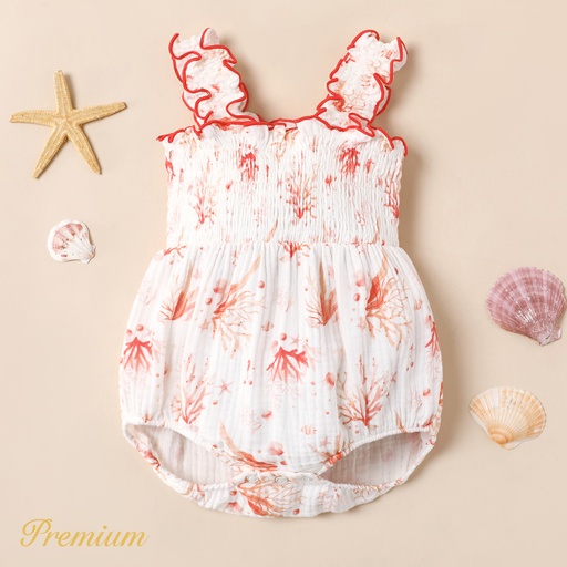 [SC9-20616501] Baby Girl 100% Cotton Allover Coral Print Lettuce Trim Smocked Tank Romper