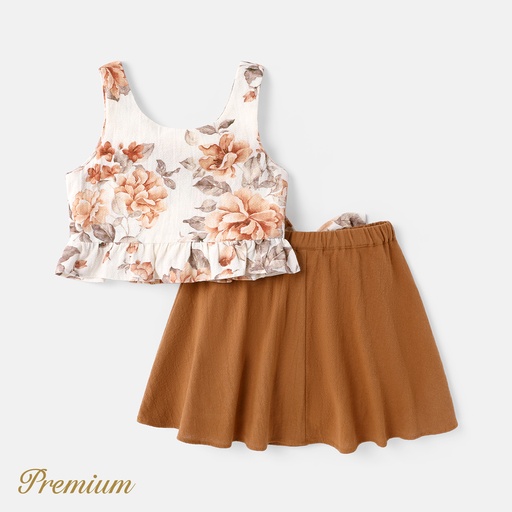 [SC9-20568510] 2pcs Toddler Girl 100% Cotton Floral Print Ruffle Camisole and Bows Design Skirt Set