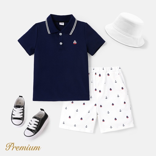 [SC9-20644359] 2pcs Kid Boy Sailboat Embroidered Polo Neck Tee and Naia™ Print Shorts Set