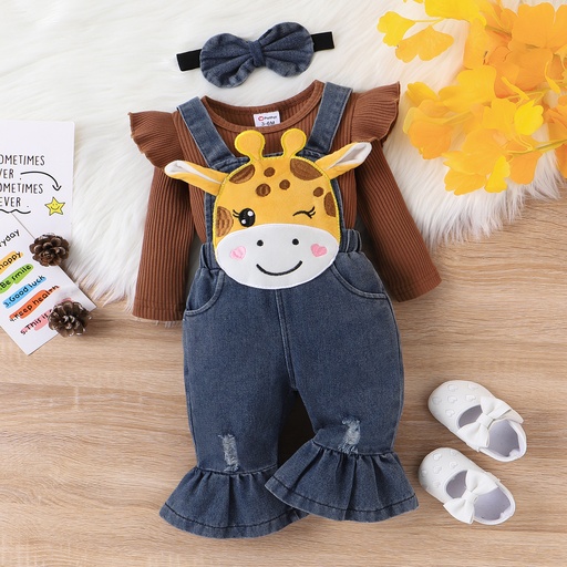 [SC9-20746159] 2pc Baby Girl Childlike 3D Giraffe Animal print 95% Cotton Top and Denim Jean Set