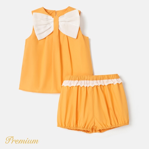 [SC9-20605087] 2pcs Kid Girl 100% Cotton Bow Front Tank Top and Lace Detail Shorts Set