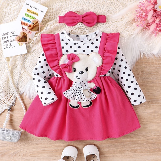 [SC9-20743522] 2pcs Toddler Girl Bear Graphic Ruffle Trim Long-sleeve Dress & Headband Set