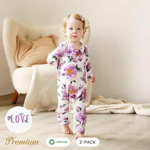 [SC9-20691880] 2pcs Long Sleeve Organic Cotton Baby Girl Jumpsuit Set with Big Floral Pattern