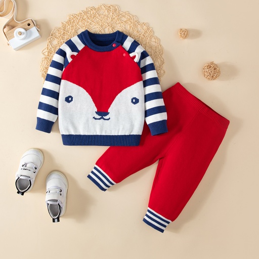 [SC10-20682298] 2pcs Baby Boy 100% Cotton Fox Graphic Stripe Long-sleeve Sweater and Pants Set