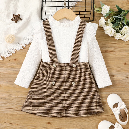 [SC10-20672672] 2pcs Toddler Girl Grid Button Details Long Sleeve Suit-Dress