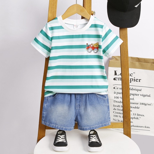 [SC10-20671773] 2pcs Toddler Boy Vehicle Print Stripe Short-sleeve Tee and 95% Cotton Denim Shorts Set