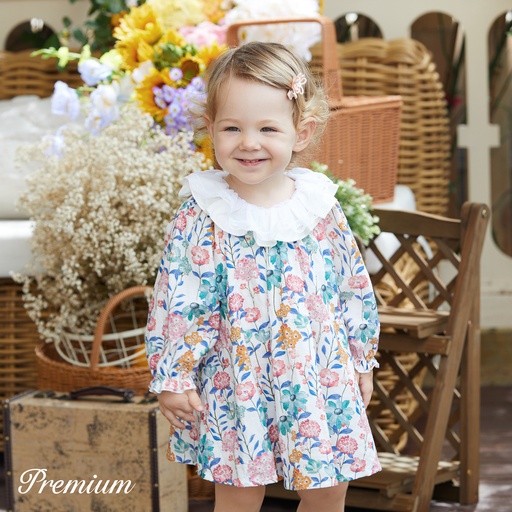 [SC10-20671504] 100% Cotton Medium Thickness Long Sleeves Elegant Baby Girl Dress with Puff Sleeves and Floral Pattern