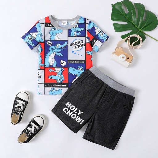 [SC10-20664140] 2pcs Toddler Boy Dinosaur Print Short-sleeve Tee and Letter Print Denim Shorts Set