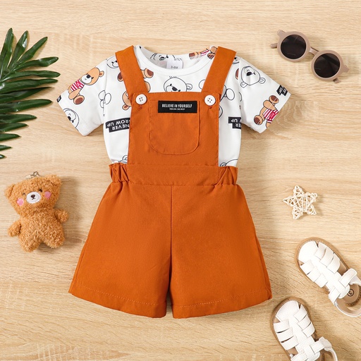 [SC10-20661697] 2pcs Baby Boy Allover Bears Print Short-sleeve Tee and Front Pocket Solid Strappy Overalls Set