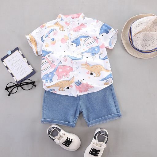 [SC10-20656317] 2pcs Toddler Boy Allover Dinosaur Print Short-sleeve Cotton Shirt and Denim Shorts Set