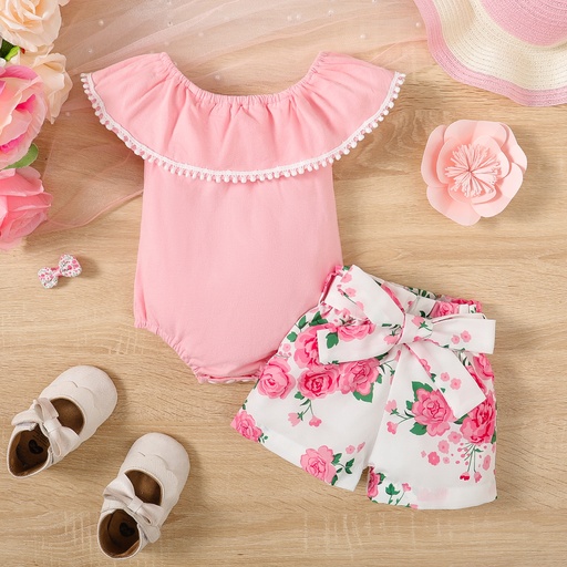 [SC10-20653244] 2pcs Baby Girl 95% Cotton Ruffle Solid Romper and Allover Floral Print Belted Shorts Set