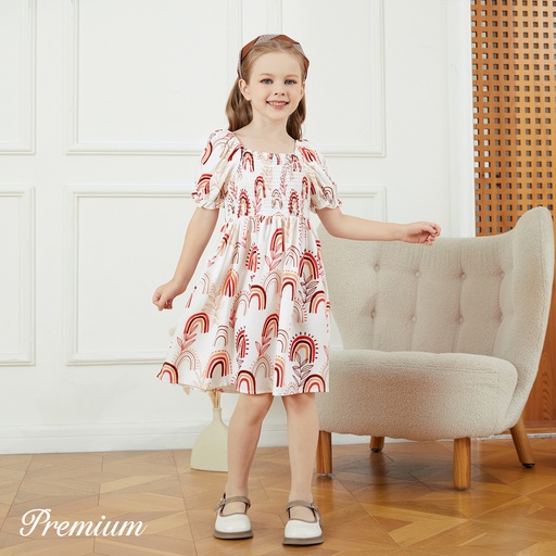 [SC10-20656837] Kid Girl Allover Rainbow Plant Print Short-sleeve Square Neck Smocked Dress