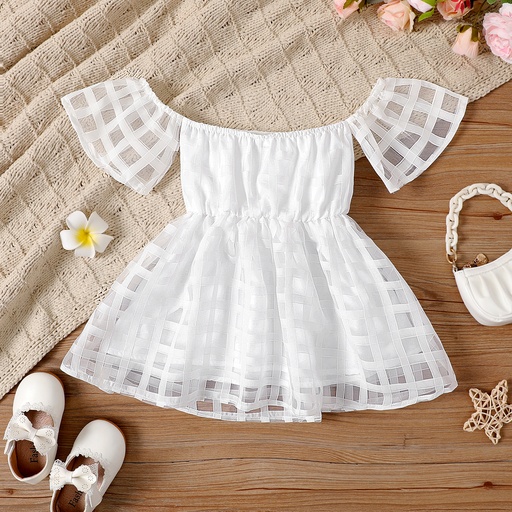 [SC10-20650544] Toddler Girl White Plaid Off-Shoulder Short-sleeve Dress