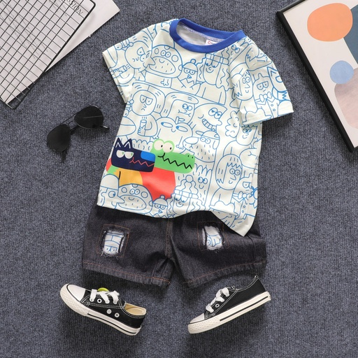 [SC10-20653142] 2pcs Toddler Boy Allover Print Tee and Ripped Denim Shorts Set