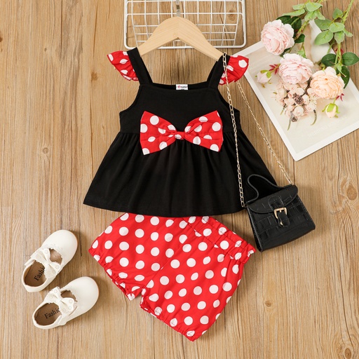 [SC10-20650318] 2pcs Toddler Girl Polka Dots Bow Front Flutter-sleeve Cotton Camisole and Shorts Set