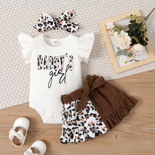 [SC11-20645202] 3pcs Baby Girl 95% Cotton Leopard Letter Print Flutter-sleeve Bodysuit & Belted Skirt & Bow Headband Set 