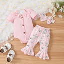 3pcs Baby Girl 95% Cotton Front Buttons Bow Decor Ribbed Short-sleeve Romper and Allover Floral Print Flared Pants & Headband Set