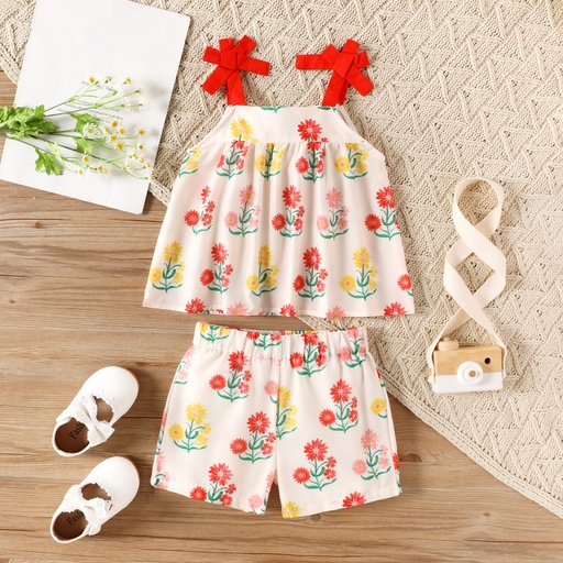 [SC11-20601877] 2pcs Toddler Girl Floral Print Bowknot Design Camisole and Elasticized Shorts Set