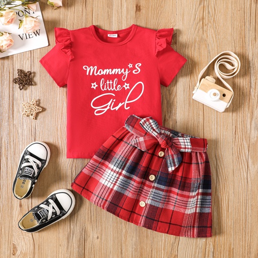 [SC11-20586633] 2pcs Toddler Girl Letter Print Ruffled Short-sleeve Tee and Plaid Skirt Set