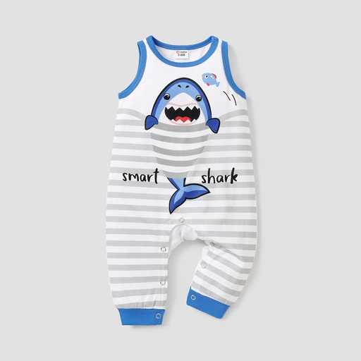 [SC11-20585764] Baby Girl 100% Cotton Shark & Letter Print Striped Sleeveless Jumpsuit