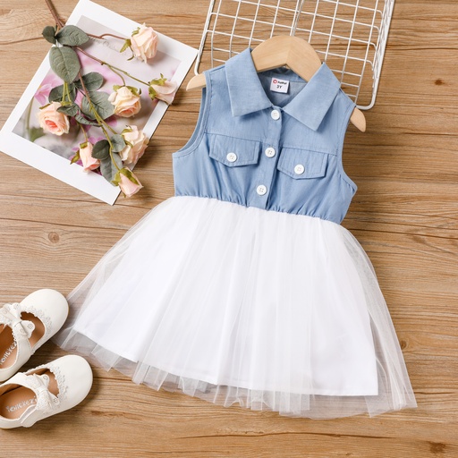 [SC11-20584474] Toddler Girl Denim Mesh Splice Lapel Collar Sleeveless Dress