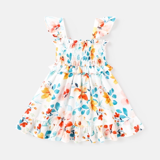 [SC11-20577049] Toddler Girl Floral Print Smocked Flutter-sleeve Dress