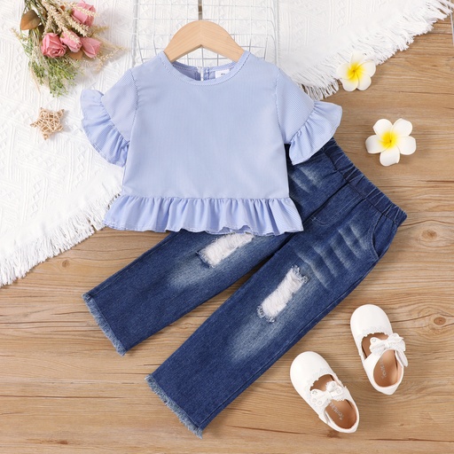 [SC11-20546026] 2pcs Toddler Girl Blue Stripe Long-sleeve Ruffled Top and Ripped Jeans Set