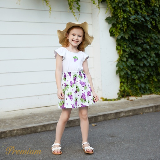 [SC11-20654215] 2pcs Kid Girl Grape Embroidered Flutter-sleeve Top and Naia™ Grape Print Skirt Set