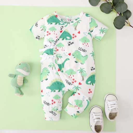 [SC11-20636450] Baby Boy Allover Dinosaur Print Short-sleeve Tie Side Jumpsuit