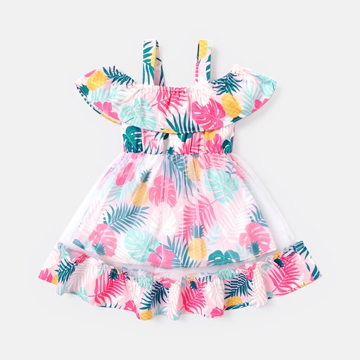 [SC11-20602713] Baby Girl Allover Plant Print Cold Shoulder Sleeveless Ruffled Mesh Dress