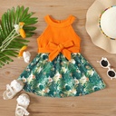 Baby Girl Cotton Solid & Plant-print Spliced Belted Tank Dress