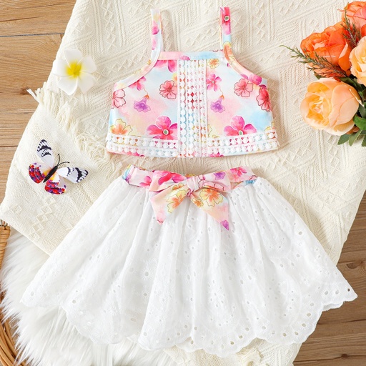 [SC11-20594805] Naia™ 2pcs Baby Girl Floral Print Cami Top and Eyelet Embroidered Belted Skirt Set